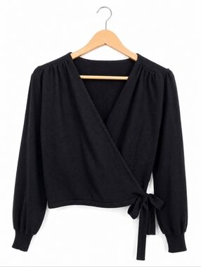 Chicwish Elegant Black Wrap Top Long Sleeve Tie Waist Cropped Blouse